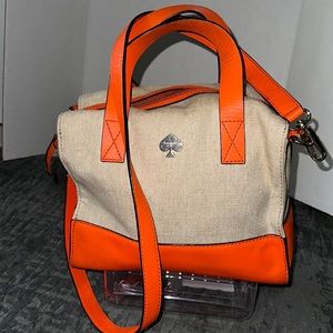 Kate Spade Tan Canvas Orange Carrot Leather Trim Strap Crossbody Shoulder Bag